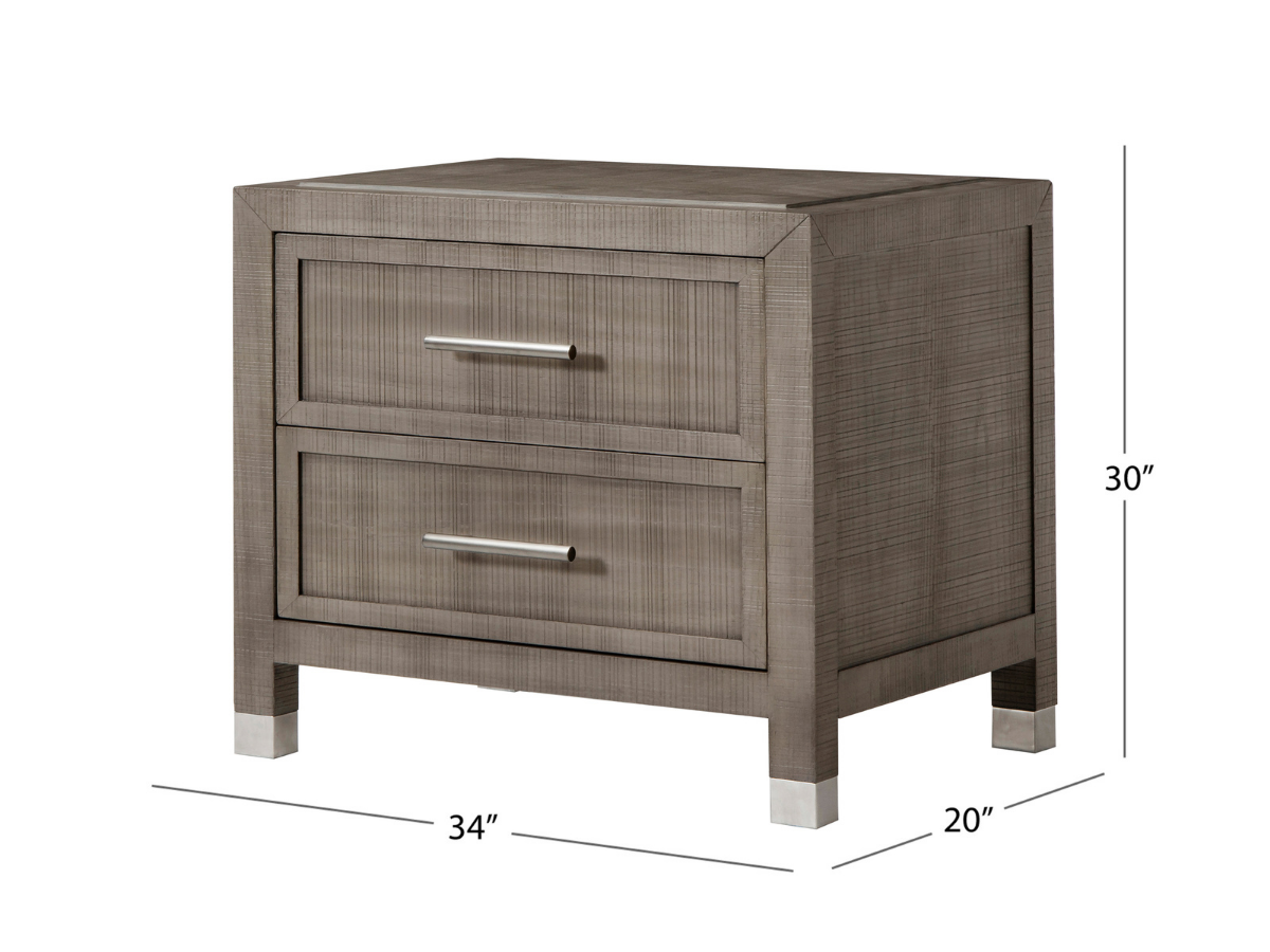 Table de chevet Bacara Modern Classic en bois brossé à 2 tiroirs - Gris
