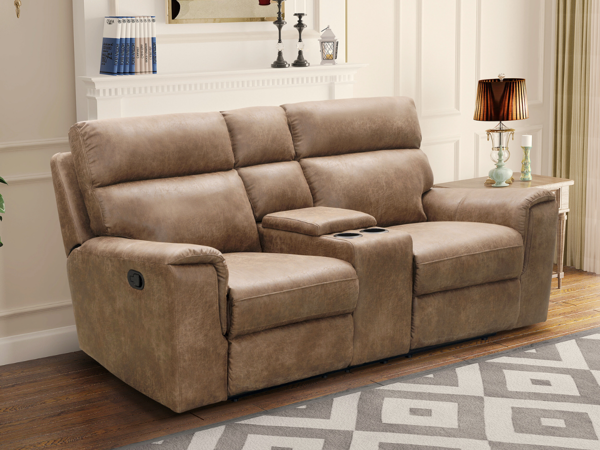 Canapé deux places inclinable Lawrence en tissu avec console - Camel