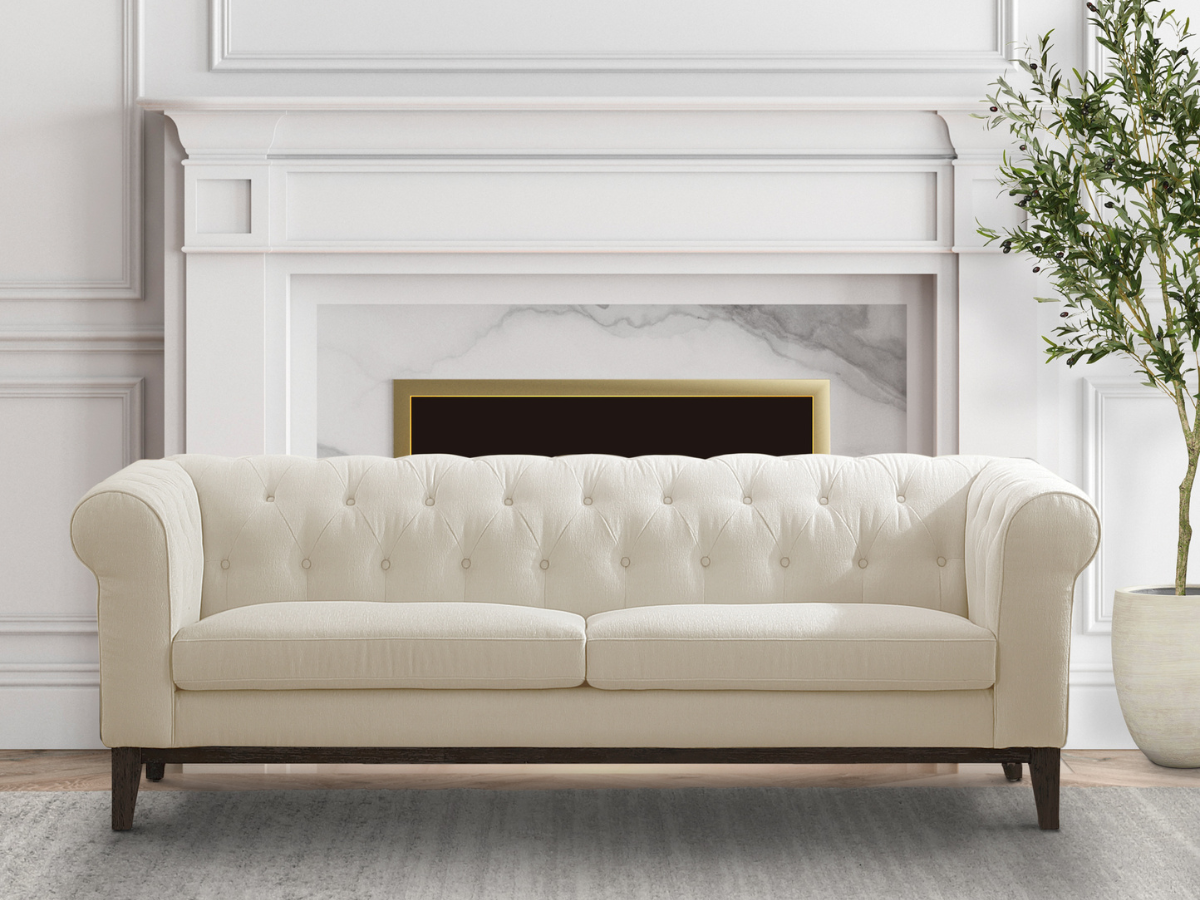 Canapé Chesterfield Gwen en tissu anti-taches - Ivoire