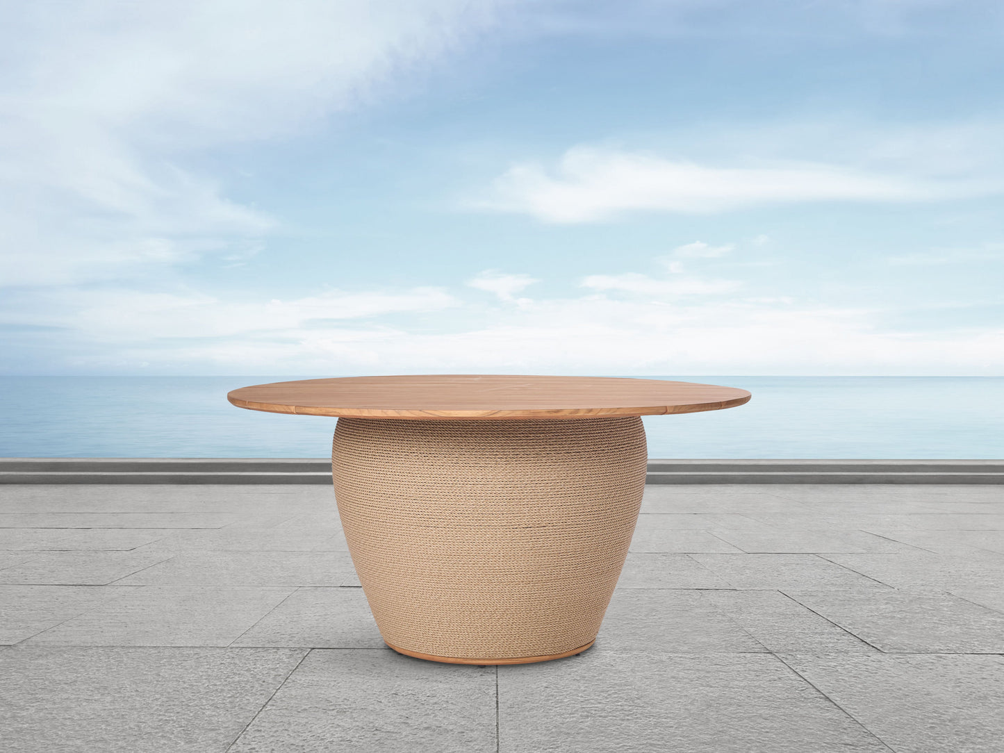 Table de salle à manger ronde d'extérieur en teck et corde de Bali