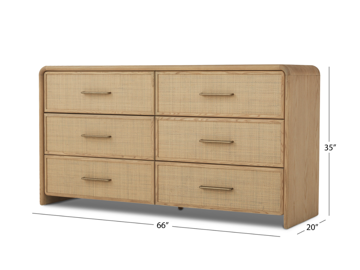 Commode Pauline à 6 tiroirs en chêne et rotin naturel JoJo Fletcher - Blonde