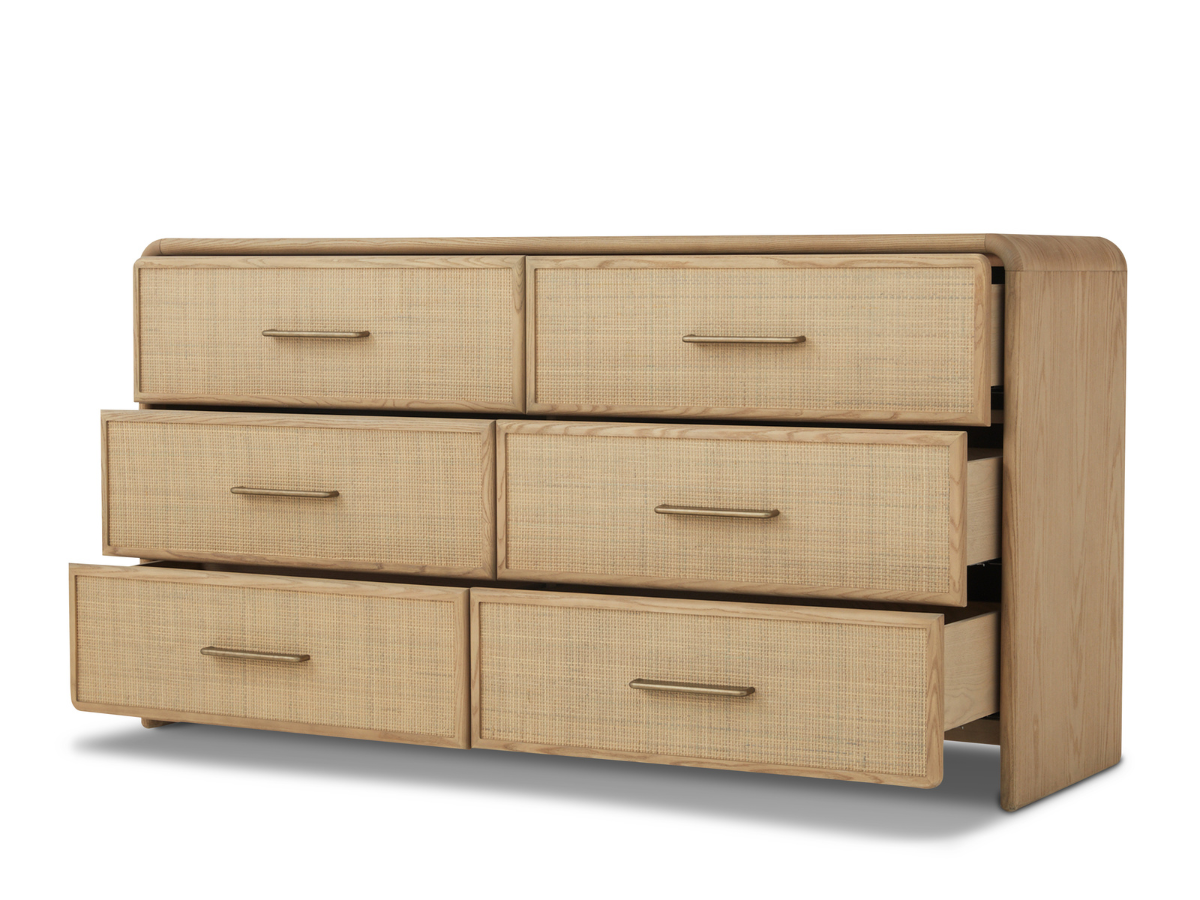 Commode Pauline à 6 tiroirs en chêne et rotin naturel JoJo Fletcher - Blonde