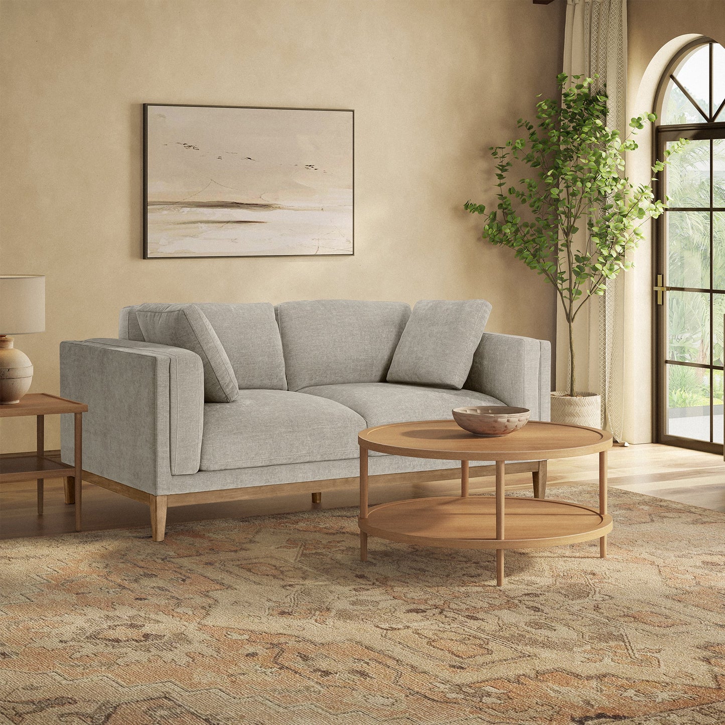 Canapé en tissu Renee avec base en bois, gris