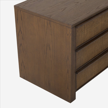 Table de chevet JoJo Fletcher Sawyer en chêne et tissu d'herbe, 3 tiroirs, marron