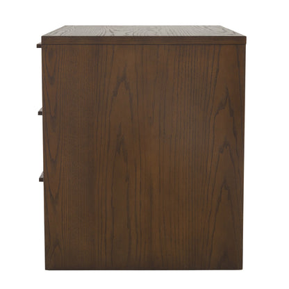 Table de chevet JoJo Fletcher Sawyer en chêne et tissu d'herbe, 3 tiroirs, marron